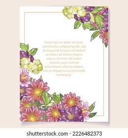 Vintage delicate greeting invitation card template design with flowers for wedding, marriage, bridal, birthday, Valentine's day. Romantic vector illustration.