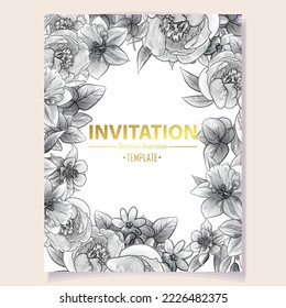 Vintage delicate greeting invitation card template design with flowers for wedding, marriage, bridal, birthday, Valentine's day. Romantic vector illustration.