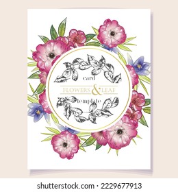 
Vintage delicate greeting invitation card template design with flowers for wedding, marriage, bridal, birthday, Valentine's day. Romantic vector illustration.