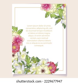
Vintage delicate greeting invitation card template design with flowers for wedding, marriage, bridal, birthday, Valentine's day. Romantic vector illustration.