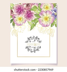 Vintage delicate greeting invitation card template design with flowers for wedding, marriage, bridal, birthday, Valentine's day. Romantic vector illustration.