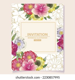 Vintage delicate greeting invitation card template design with flowers for wedding, marriage, bridal, birthday, Valentine's day. Romantic vector illustration.