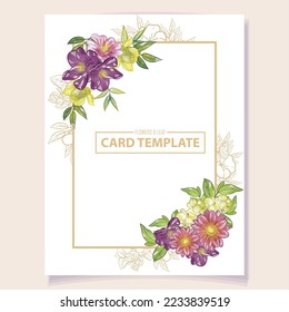 Vintage delicate greeting invitation card template design with flowers for wedding, marriage, bridal, birthday, Valentine's day. Romantic vector illustration.