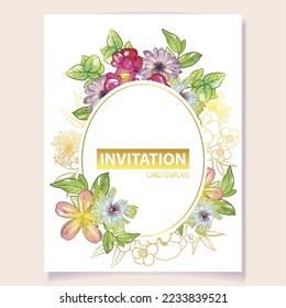 Vintage delicate greeting invitation card template design with flowers for wedding, marriage, bridal, birthday, Valentine's day. Romantic vector illustration.