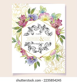 Vintage delicate greeting invitation card template design with flowers for wedding, marriage, bridal, birthday, Valentine's day. Romantic vector illustration.
