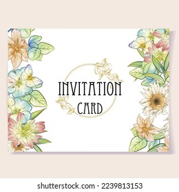 Vintage delicate greeting invitation card template design with flowers for wedding, marriage, bridal, birthday, Valentine's day. Romantic vector illustration.