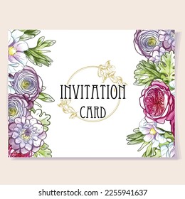 Vintage delicate greeting invitation card template design with flowers for wedding, marriage, bridal, birthday, Valentine's day. Romantic vector illustration.