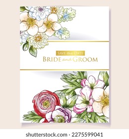 Vintage delicate greeting invitation card template design with flowers for wedding, marriage, bridal, birthday, Valentine's day.