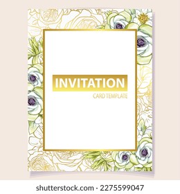 Vintage delicate greeting invitation card template design with flowers for wedding, marriage, bridal, birthday, Valentine's day.