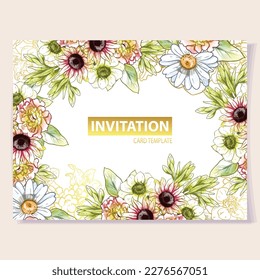Vintage delicate greeting invitation card template design with flowers for wedding, marriage, bridal, birthday, Valentine's day. Romantic vector illustration.