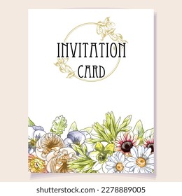Vintage delicate greeting invitation card template design with flowers for wedding, marriage, bridal, birthday, Valentine's day. Romantic vector illustration.