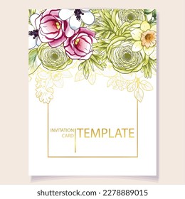 Vintage delicate greeting invitation card template design with flowers for wedding, marriage, bridal, birthday, Valentine's day. Romantic vector illustration.