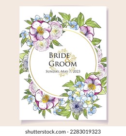 Vintage delicate greeting invitation card template design with flowers for wedding, marriage, bridal, birthday, Valentine's day. Romantic vector illustration.