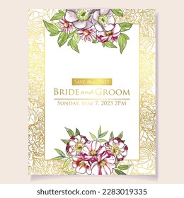 Vintage delicate greeting invitation card template design with flowers for wedding, marriage, bridal, birthday, Valentine's day. Romantic vector illustration.