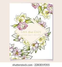 Vintage delicate greeting invitation card template design with flowers for wedding, marriage, bridal, birthday, Valentine's day. Romantic vector illustration.