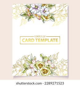 Vintage delicate greeting invitation card template design with flowers for wedding, marriage, bridal, birthday, Valentine's day. Romantic vector illustration.