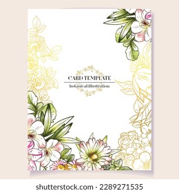 Vintage delicate greeting invitation card template design with flowers for wedding, marriage, bridal, birthday, Valentine's day. Romantic vector illustration.
