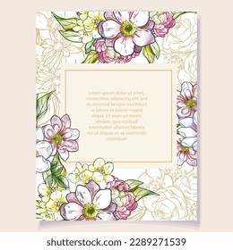 Vintage delicate greeting invitation card template design with flowers for wedding, marriage, bridal, birthday, Valentine's day. Romantic vector illustration.