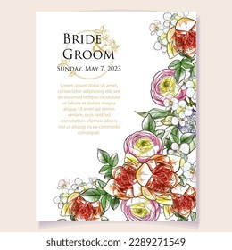 Vintage delicate greeting invitation card template design with flowers for wedding, marriage, bridal, birthday, Valentine's day. Romantic vector illustration.
