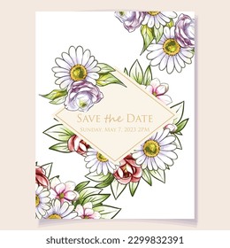Vintage delicate greeting invitation card template design with flowers for wedding, marriage, bridal, birthday, Valentine's day. Romantic vector illustration.