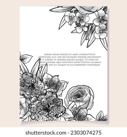 Vintage delicate greeting invitation card template design with flowers for wedding, marriage, bridal, birthday, Valentine's day. Romantic vector illustration.