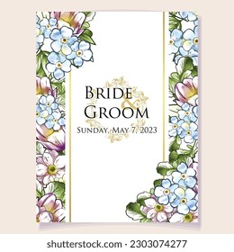 Vintage delicate greeting invitation card template design with flowers for wedding, marriage, bridal, birthday, Valentine's day. Romantic vector illustration.