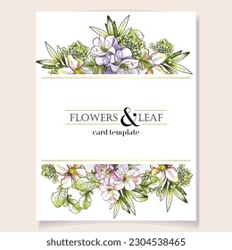Vintage delicate greeting invitation card template design with flowers for wedding, marriage, bridal, birthday, Valentine's day. Romantic vector illustration.