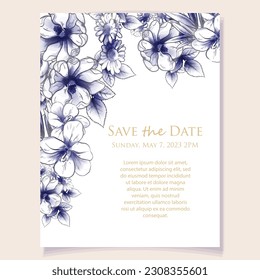 Vintage delicate greeting invitation card template design with flowers for wedding, marriage, bridal, birthday, Valentine's day. Romantic vector illustration.