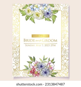 Vintage delicate greeting invitation card template design with flowers for wedding, marriage, bridal, birthday, Valentine's day. Romantic vector illustration.
