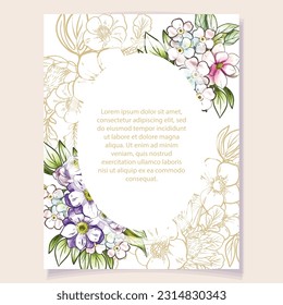 Vintage delicate greeting invitation card template design with flowers for wedding, marriage, bridal, birthday, Valentine's day. Romantic vector illustration.