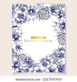 Vintage delicate greeting invitation card template design with flowers for wedding, marriage, bridal, birthday, Valentine's day. Romantic vector illustration.