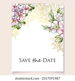 Vintage delicate greeting invitation card template design with flowers for wedding, marriage, bridal, birthday, Valentine's day. Romantic vector illustration.