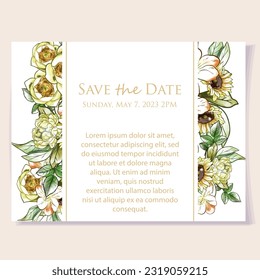 Vintage delicate greeting invitation card template design with flowers for wedding, marriage, bridal, birthday, Valentine's day. Romantic vector illustration.