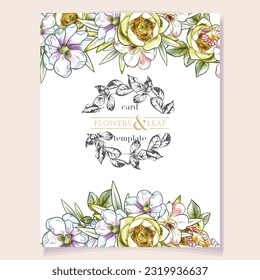 Vintage delicate greeting invitation card template design with flowers for wedding, marriage, bridal, birthday, Valentine's day. Romantic vector illustration.