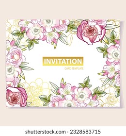 Vintage delicate greeting invitation card template design with flowers for wedding, marriage, bridal, birthday, Valentine's day. Romantic vector illustration.