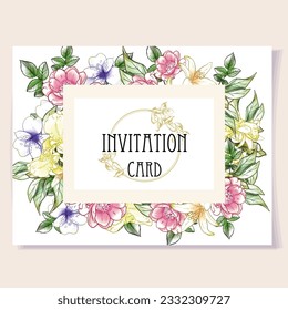 Vintage delicate greeting invitation card template design with flowers for wedding, marriage, bridal, birthday, Valentine's day. Romantic vector illustration.
