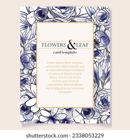 Vintage delicate greeting invitation card template design with flowers for wedding, marriage, bridal, birthday, Valentine's day. Romantic vector illustration.