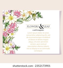 Vintage delicate greeting invitation card template design with flowers for wedding, marriage, bridal, birthday, Valentine's day. Romantic vector illustration.