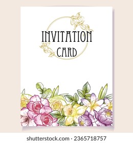 Vintage delicate greeting invitation card template design with flowers for wedding, marriage, bridal, birthday, Valentine's day. Romantic vector illustration.