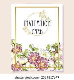 Vintage delicate greeting invitation card template design with flowers for wedding, marriage, bridal, birthday, Valentine's day. Romantic vector illustration.
