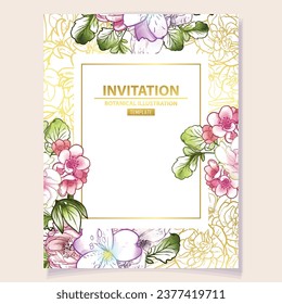 Vintage delicate greeting invitation card template design with flowers for wedding, marriage, bridal, birthday, Valentine's day. Romantic vector illustration.