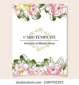 Vintage delicate greeting invitation card template design with flowers for wedding, marriage, bridal, birthday, Valentine's day. Romantic vector illustration.
