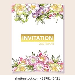 Vintage delicate greeting invitation card template design with flowers for wedding, marriage, bridal, birthday, Valentine's day. Romantic vector illustration.