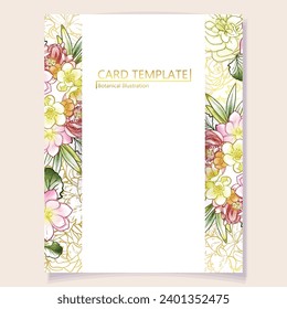 Vintage delicate greeting invitation card template design with flowers for wedding, marriage, bridal, birthday, Valentine's day. Romantic vector illustration.