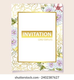 Vintage delicate greeting invitation card template design with flowers for wedding, marriage, bridal, birthday, Valentine's day. Romantic vector illustration.