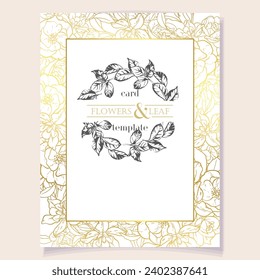 Vintage delicate greeting invitation card template design with flowers for wedding, marriage, bridal, birthday, Valentine's day. Romantic vector illustration.