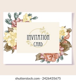 Vintage delicate greeting invitation card template design with flowers for wedding, marriage, bridal, birthday, Valentine's day. Romantic vector illustration.