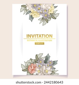 Vintage delicate greeting invitation card template design with flowers for wedding, marriage, bridal, birthday, Valentine's day. Romantic vector illustration.