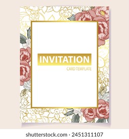 Vintage delicate greeting invitation card template design with flowers for wedding, marriage, bridal, birthday, Valentine's day. Romantic vector illustration.