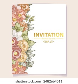 Vintage delicate greeting invitation card template design with flowers for wedding, marriage, bridal, birthday, Valentine's day. Romantic vector illustration.
